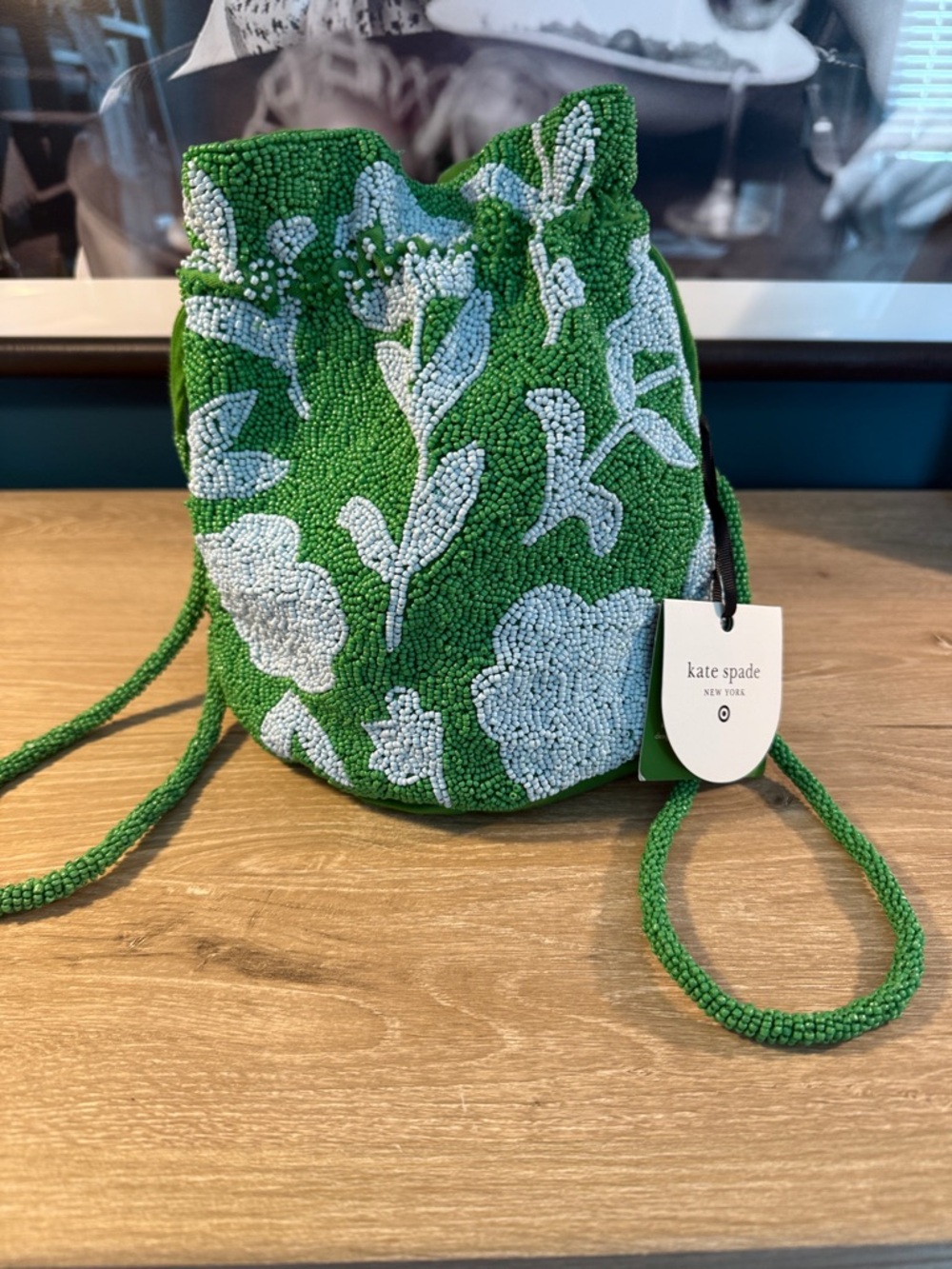 kate spade Green and White Beaded Floral Drawstring Mini Bag